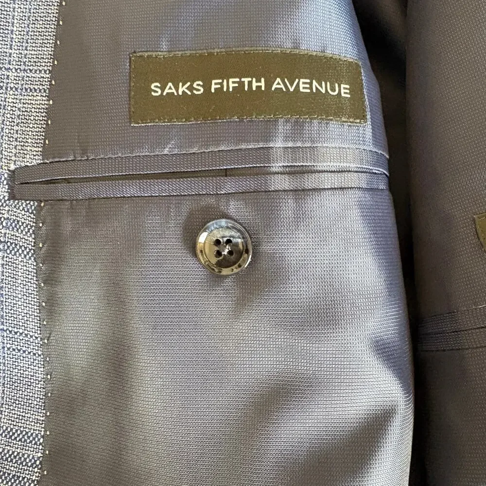 Saks Fifth Avenue Blue Plaid Sport Coat 2 Button Suit Jacket - Men's 44R